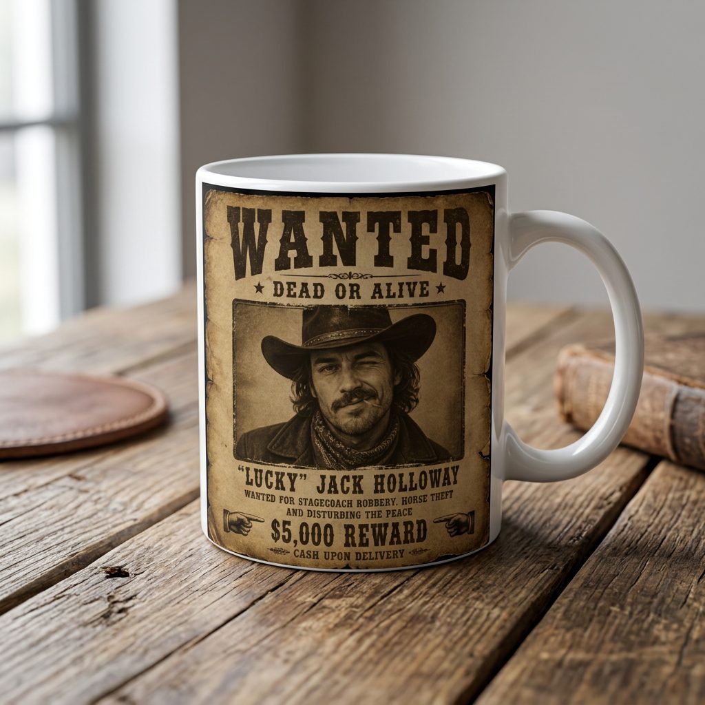 AI cowboy mug mockup โ Funny Wanted Poster style